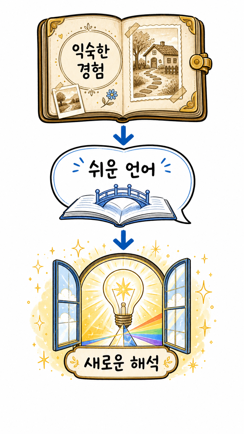 익숙한 경험과 쉬운 언어를 거쳐 새로운 해석에 도달하는 구조삽화